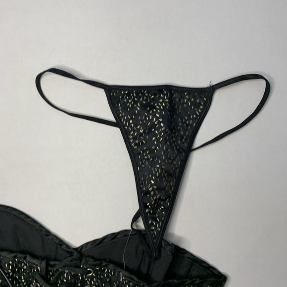 iCollection Boudior Lace Corset Thong Set Sz 36 Black Gold Brocade Pin Up Glam - Picture 7 of 16